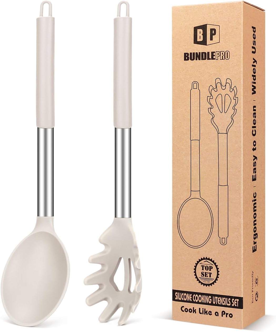 Silicone Pasta Fork and Cooking Spoon Set, Non Stick Kitchen Utensils for Cooking,Stirring,Serving Spaghetti, Soup, Sauce (KHAKI)