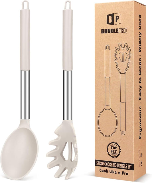 Silicone Pasta Fork and Cooking Spoon Set, Non Stick Kitchen Utensils for Cooking,Stirring,Serving Spaghetti, Soup, Sauce (KHAKI)