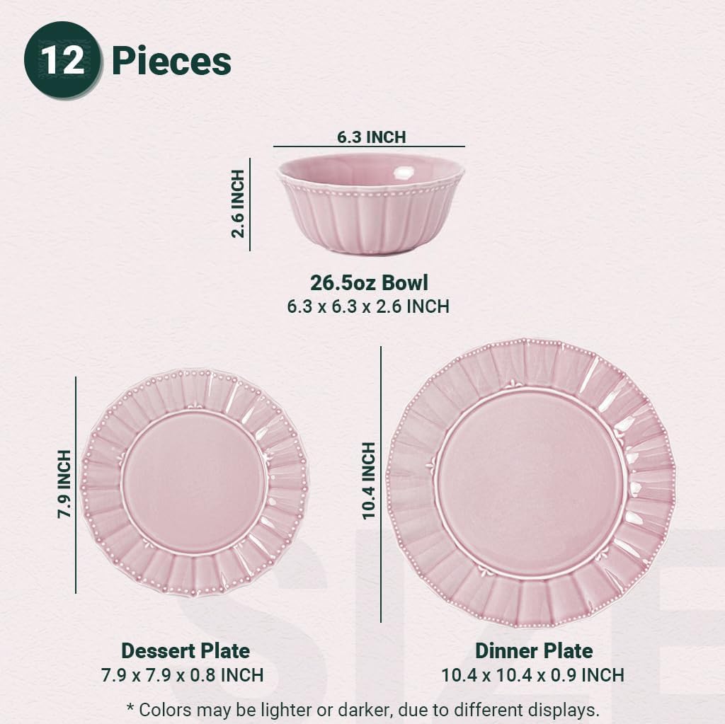 Plates and Bowls Sets for 4, 12 Piece Dinnerware Sets, Porcelain Plate Set, Microwave and Dishwasher Safe, Wedding kitchen & dining, Dreamy Sakura Pink
