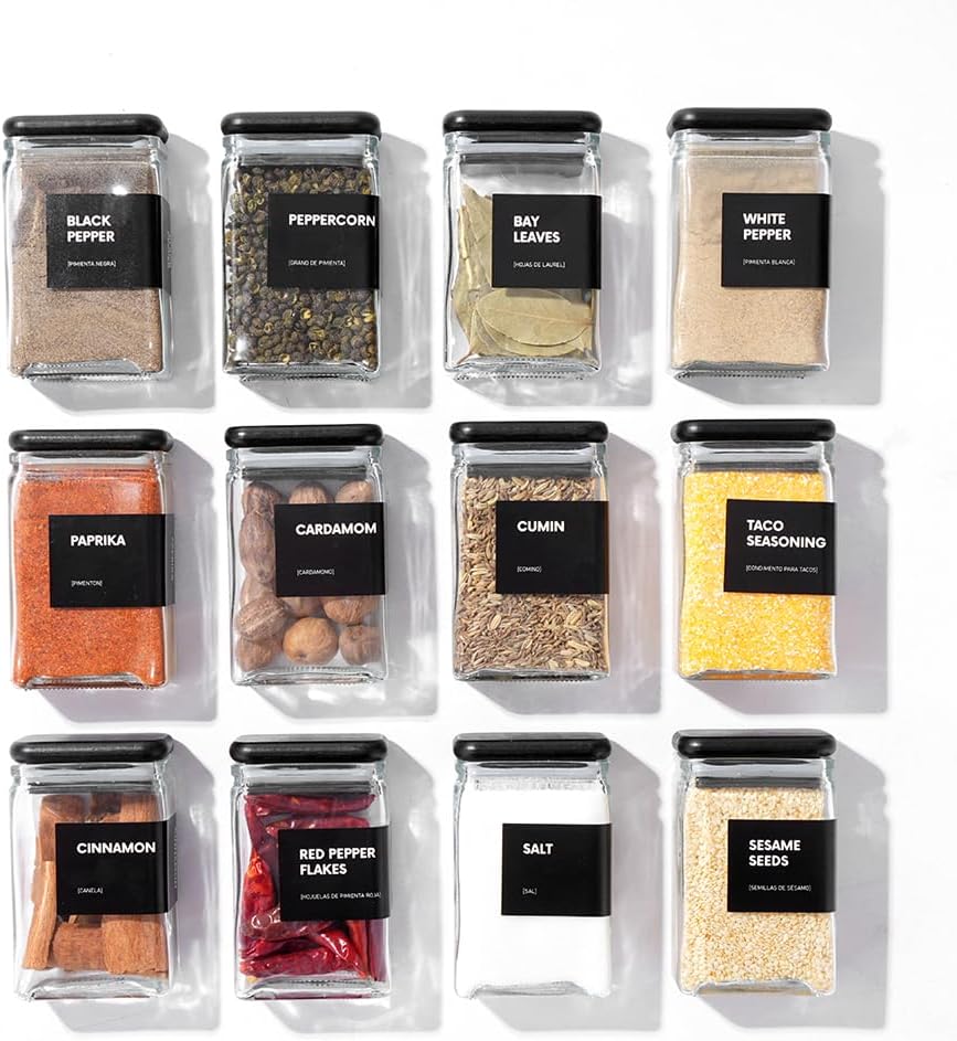 APT 1101 Glass Square Spice Jars with Labels, 4oz Glass Jars with Bamboo Lids, Spice Bottles, Seasoning Organizer, 12 Pack (Black)