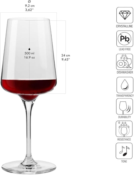 Krosno Red Wine Glasses | Elegant Design | Set of 6 | 16.9 oz | Infinity Collection | Ideal for Home, Restaurants and Receptions | Dishwasher Safe | Lead-Free Crystal Glass
