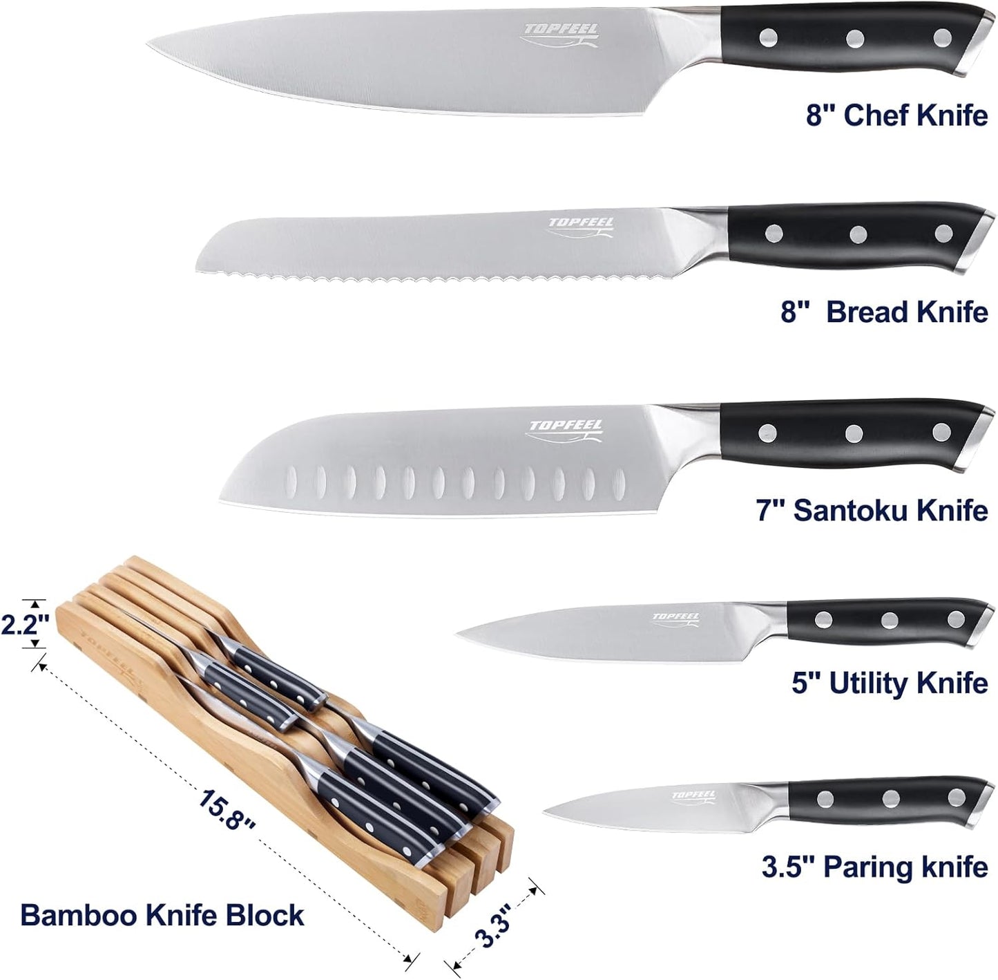 6Pcs Kitchen Knife Set with In-Drawer Bamboo Knife Organizer- 3.5-8 Inch Set Kitchen Knives German High Carbon Stainless Steel Sharp Knife, Knives Set for Kitchen with Ergonomic Handle