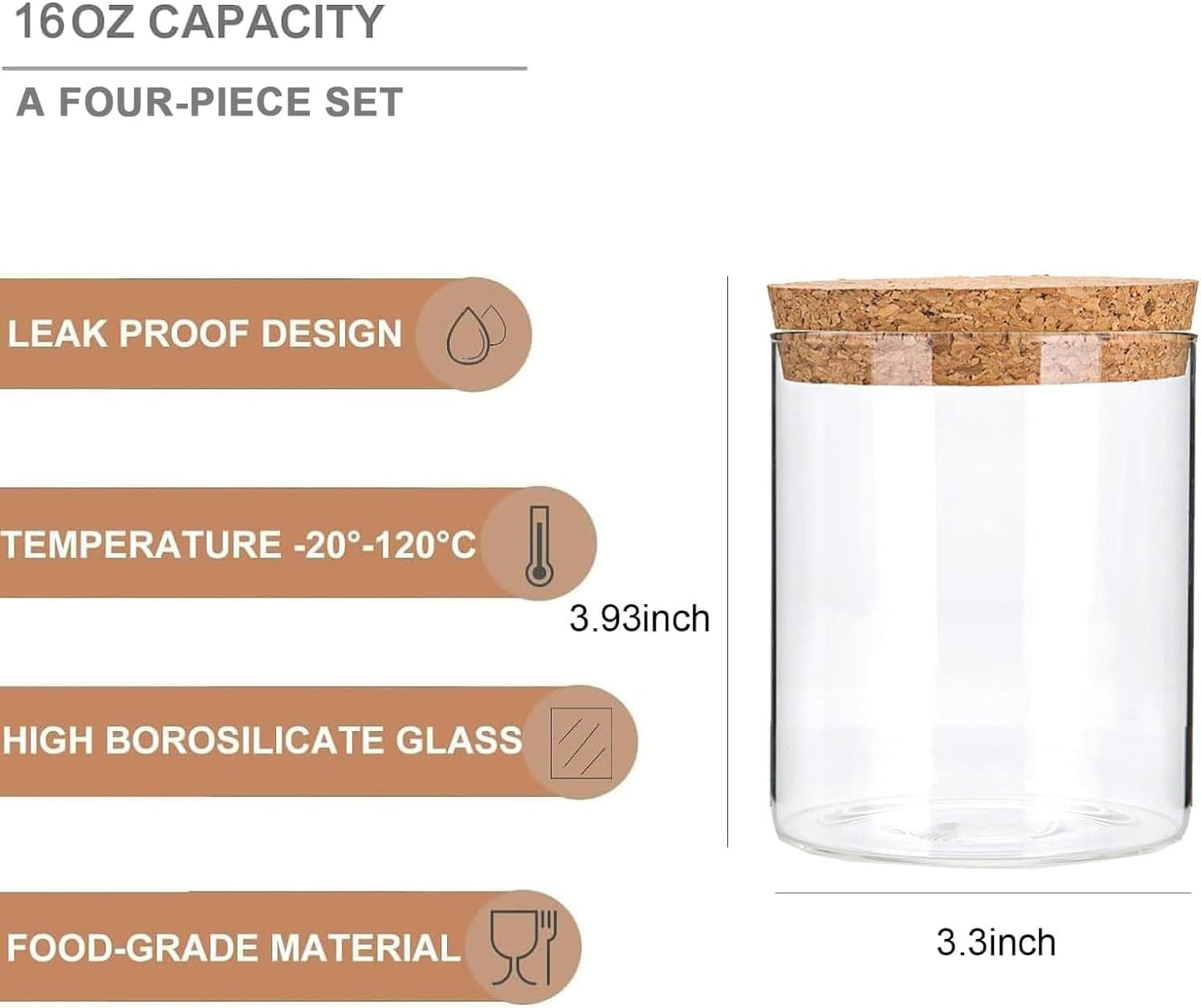 Airtight Glass Storage Containers with cork Lid, for Kitchen Pantry Organization and Storage jar，Ideal for Coffee Beans Snacks Flour Cereal Sugar Tea 16oz. (Circular 3.9 * 3.3in*4pcs)