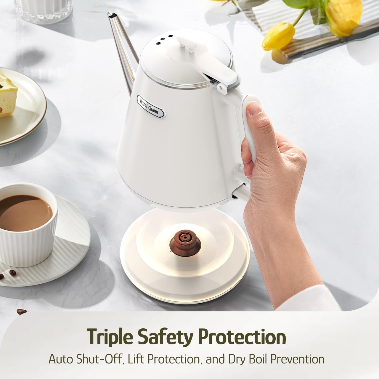 Hazel Quinn Electric Kettle - 1L/34oz Small Tea Kettle, 800W Fast Boil, All 304 Stainless Steel Interior, Double Wall for Cool Touch and Thermal, Auto Shut-Off, BPA-Free, Cordless - Pearl White