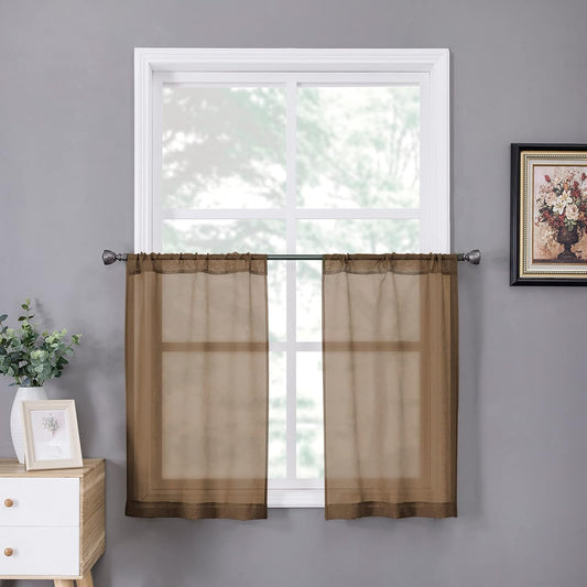 Tollpiz Sheer Tier Curtain Linen Textured Half Kitchen Curtains Sheer Light Filtering Rod Pocket Voile Small Curtains for Bathroom, 25 x 36 inches Long, Brown, Set of 2 Panels
