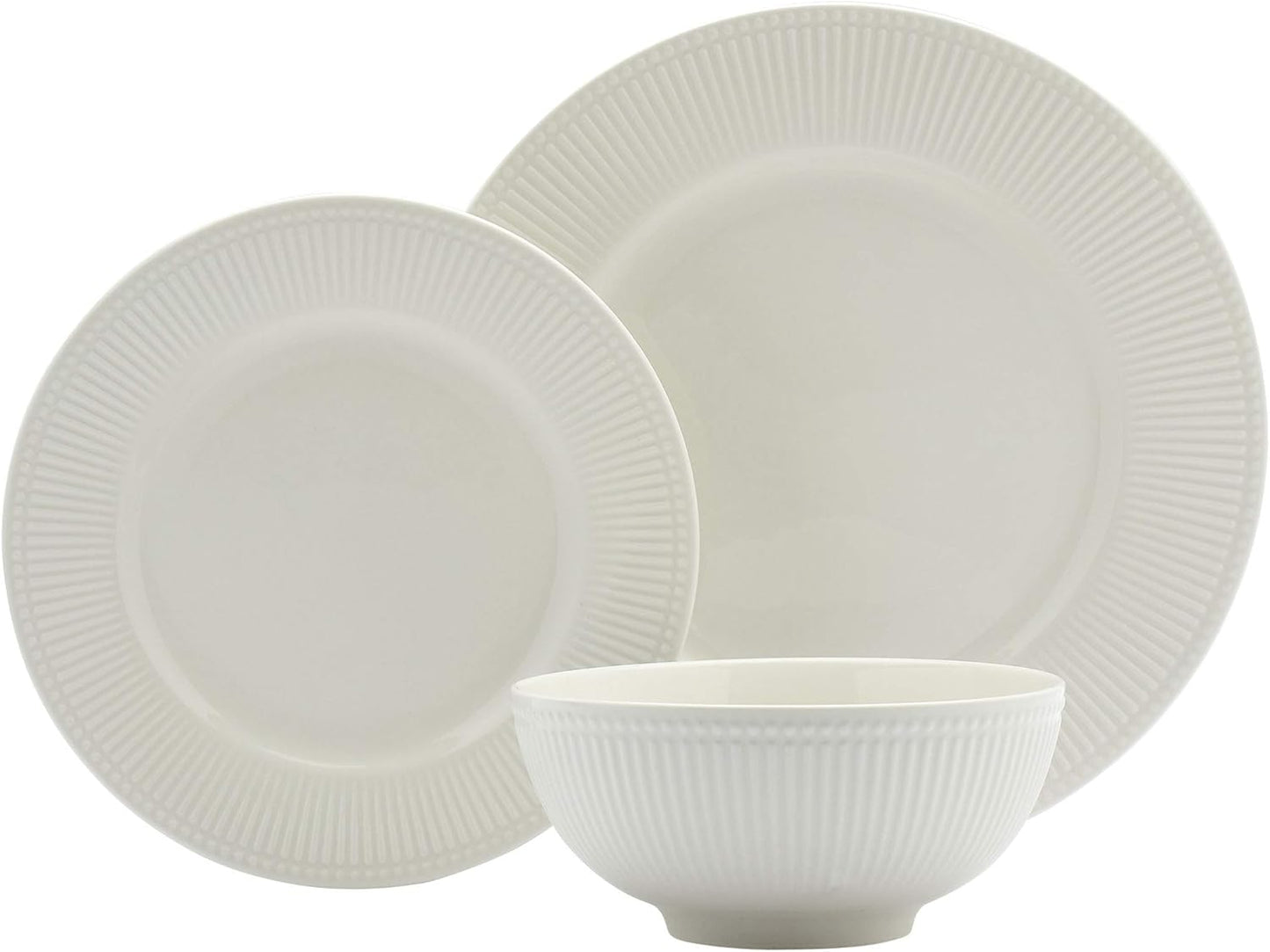 Tabletops Gallery Embossed Bone White Porcelain Round Dinnerware Collection- Chip Resistant Scratch Resistant, Fleur 12 Piece Dinnerware Set (Dinner Plate, Salad Plate, Cereal Bowl)