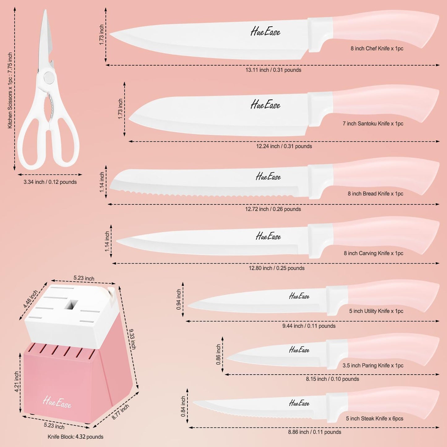 14 Pieces Knife Set with Block, Ceramic White Coating, High Carbon Stainless Steel Sharp Blade Block Knife Set, Dishwasher Safe Cutlery, Colliding Pink