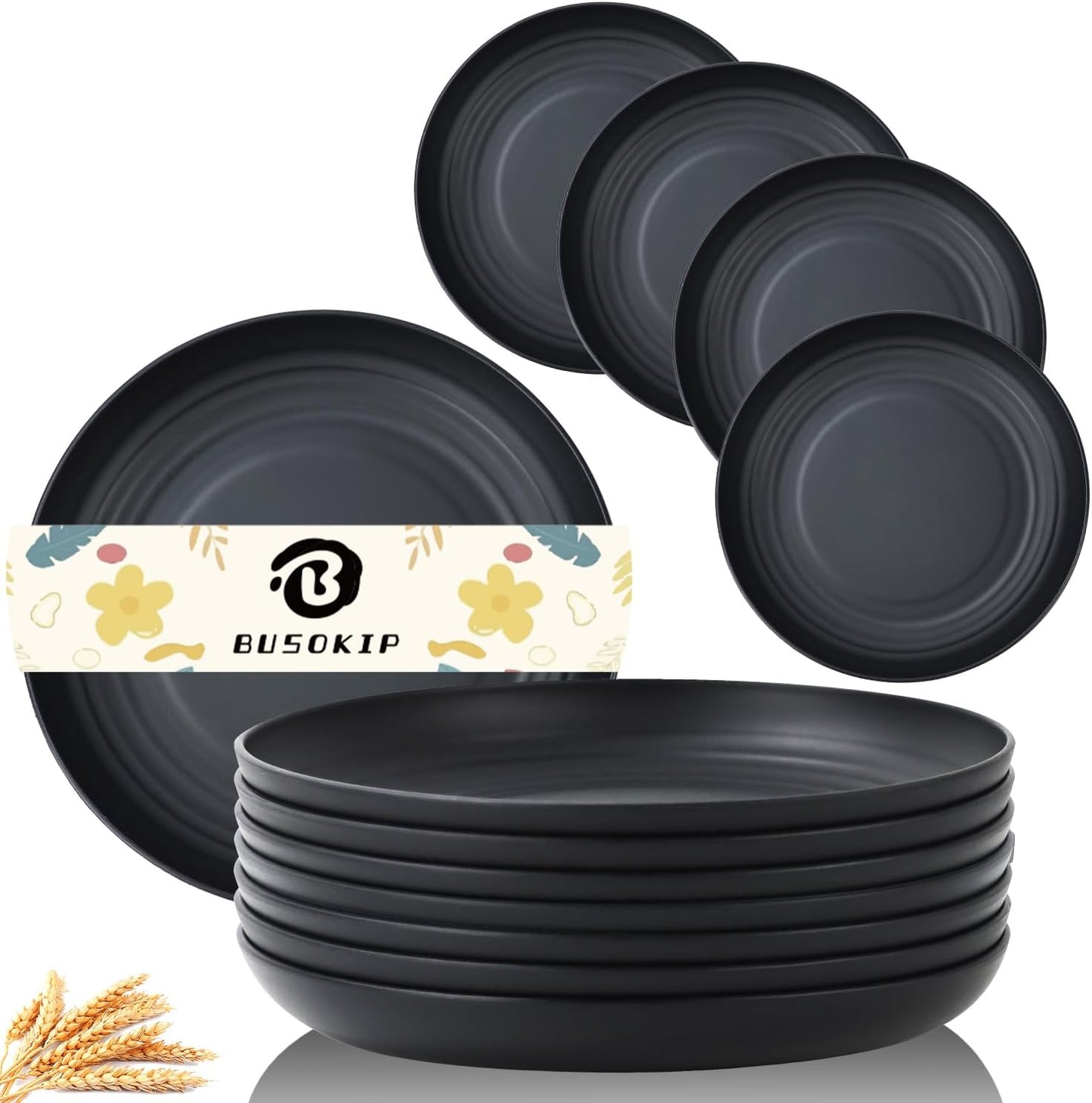 Wheat Straw Plates Set of 8, 9 Inch Dinner Plate for Camping, Picnic, Unbreakable Plastic Plates Reusable, Microwave & Dishwasher Safe Kitchen Plate for Breakfast, Lunch (Black)