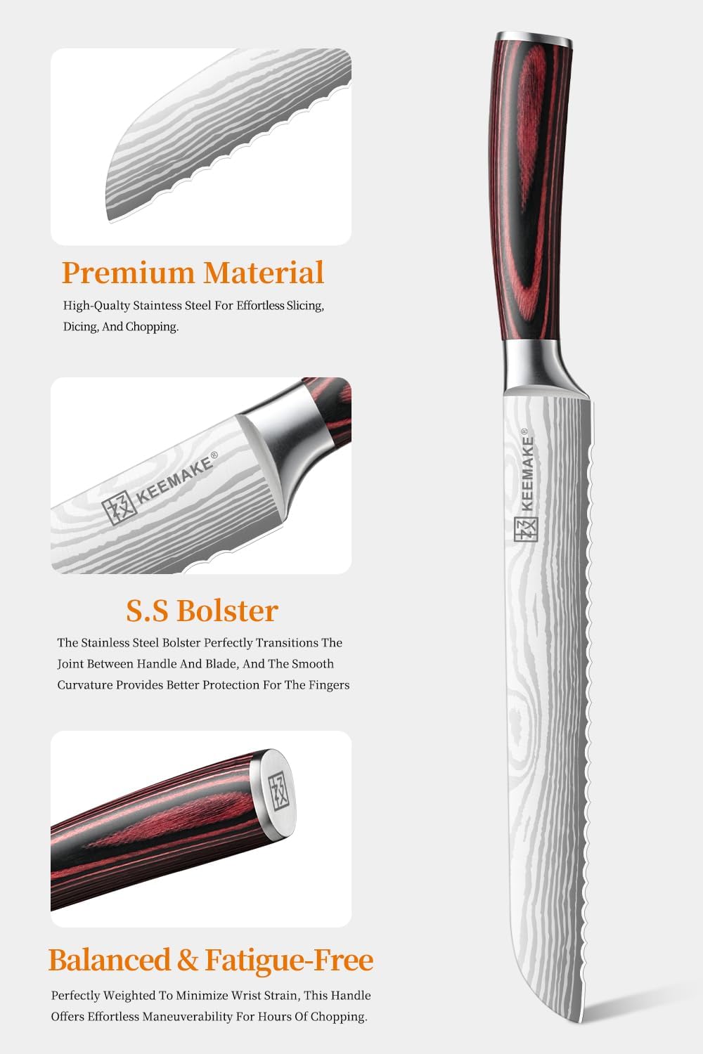 KEEMAKE Serrated Bread Knife 8-inch Ultra Sharp High Carbon Stainless Steel Bread Slicer Knife for Homemade Breads Sourdough Bagels Cakes and Soft Produce - Ergonomic Pakkawood Handle, w/Sheath