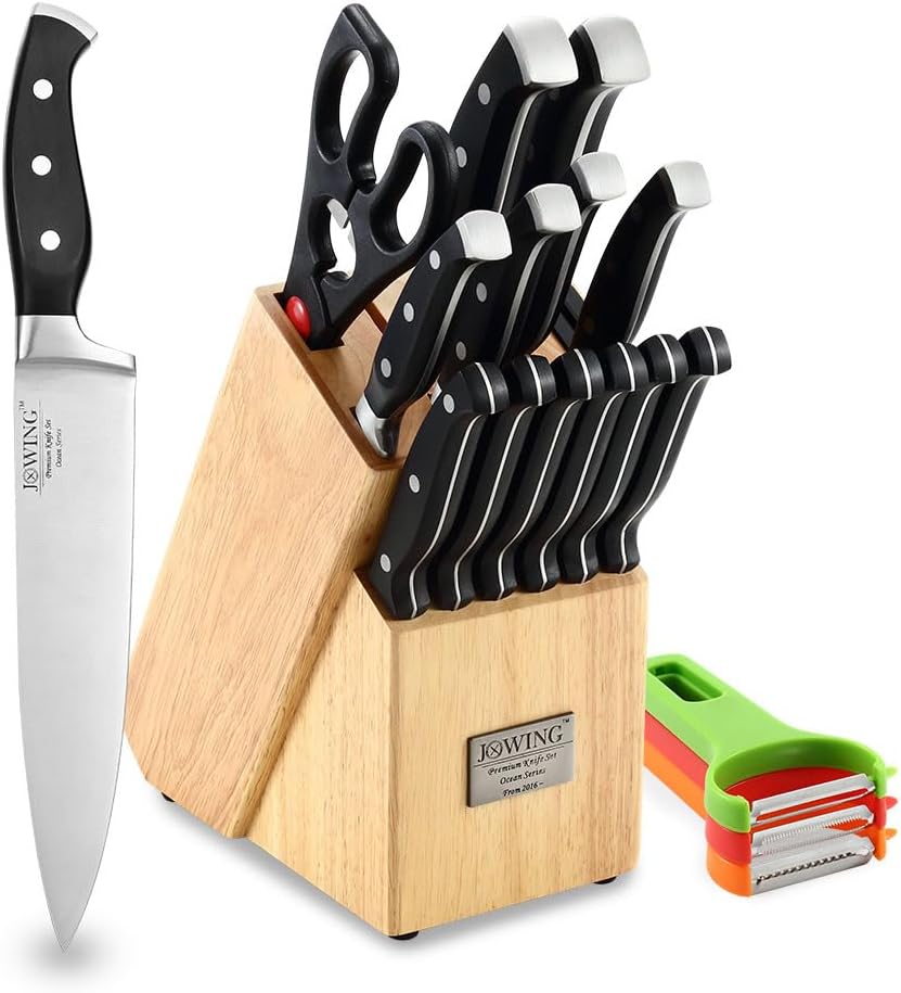 18-Piece Kitchen Chef's Knife Set Block Utensils Set with Peeler, German High Carbon Stainless Steel Razor-Sharp Blade with Ergonomic Handle, Professional Knife Block Set with Built-in Sharpener