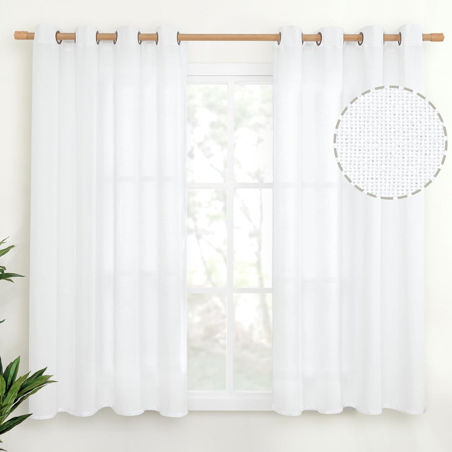 YoungsTex White Linen Curtains 54 Inches Long for Short Windows, Bronze Gromme Light Filtering Drapes for Bedroom Bathroom Kitchen Lightweight, 2 Panels, 52 X 54 Inch