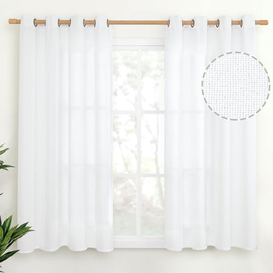 YoungsTex White Linen Curtains 54 Inches Long for Short Windows, Bronze Gromme Light Filtering Drapes for Bedroom Bathroom Kitchen Lightweight, 2 Panels, 52 X 54 Inch