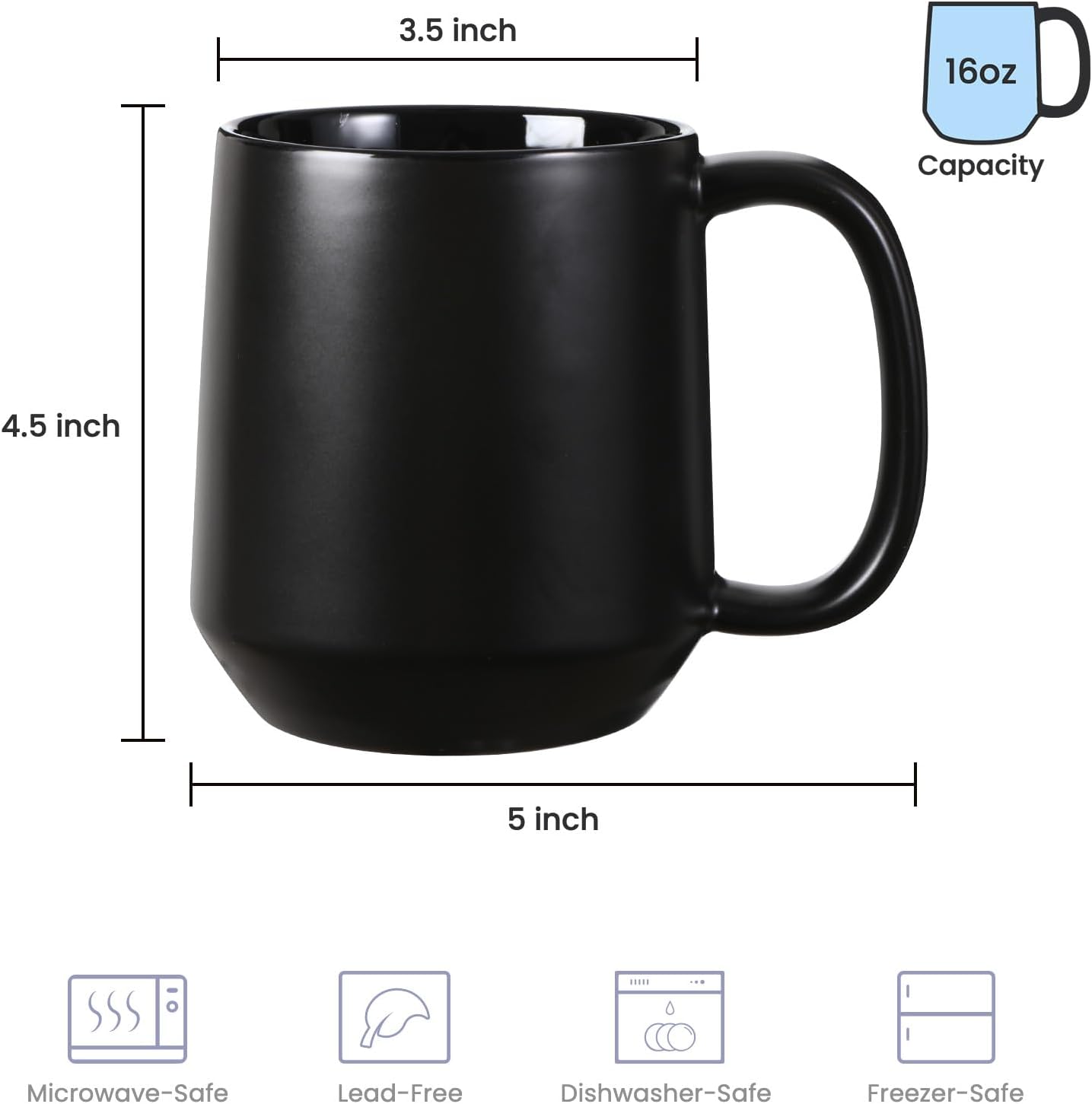 Miicol Ceramic Coffee Mug, 16 oz Large Coffee Cup, Tea Mug with Handle, Flat Bottom Mug for Men, Women, Office, Microwave and Dishwasher Safe, Multi-Color, Black