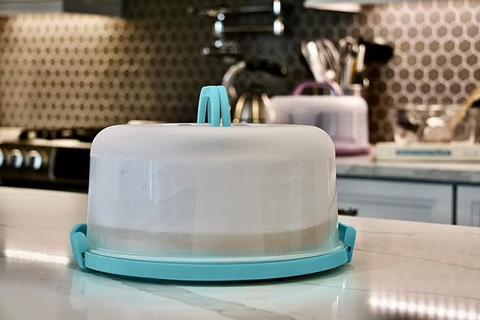 Top Shelf Elements Round Cake Carrier Two Sided Cake Holder Serves as Five Section Serving Tray, Portable Cake Stand Fits 10 inch Cake, Cake Box Comes With Handle, Cake Container Holds Pies (Aqua)