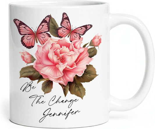 Great Custom Be The Change Tea Cups, Personalized Name On Porcelain Butterfly Travel Mug With Flowers Details, Customized Colorful Butterfly Coffee Cup For Animal Lover On Birthday