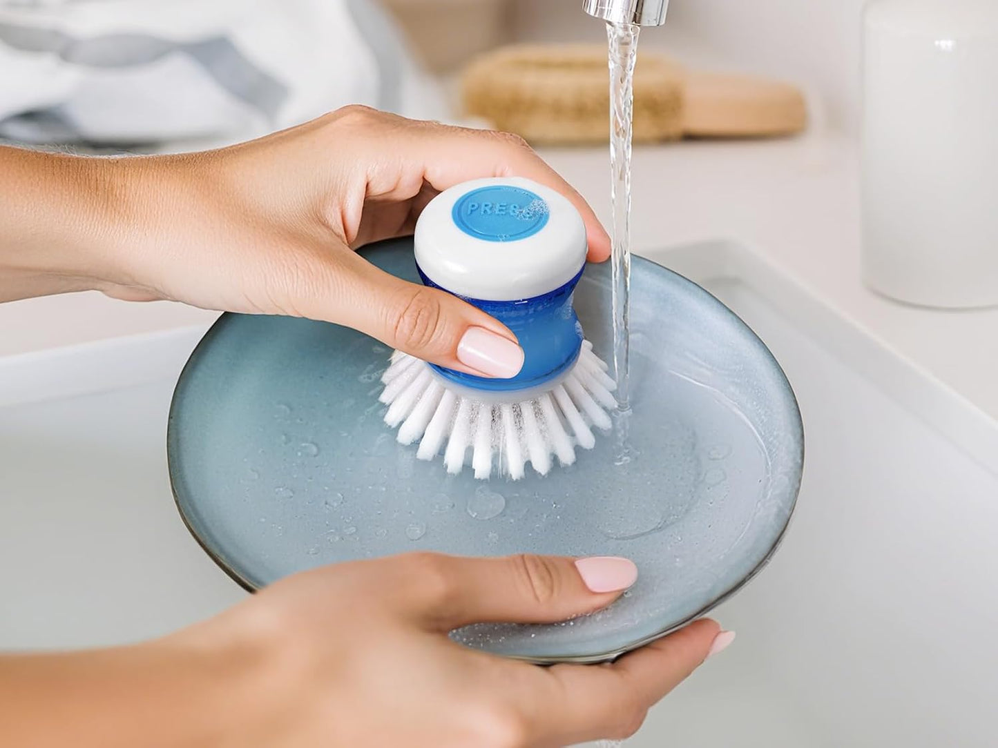 Dish Brush with Soap Dispenser for Dishes Pot Pan Kitchen Sink Scrubbing, White 2 Pack