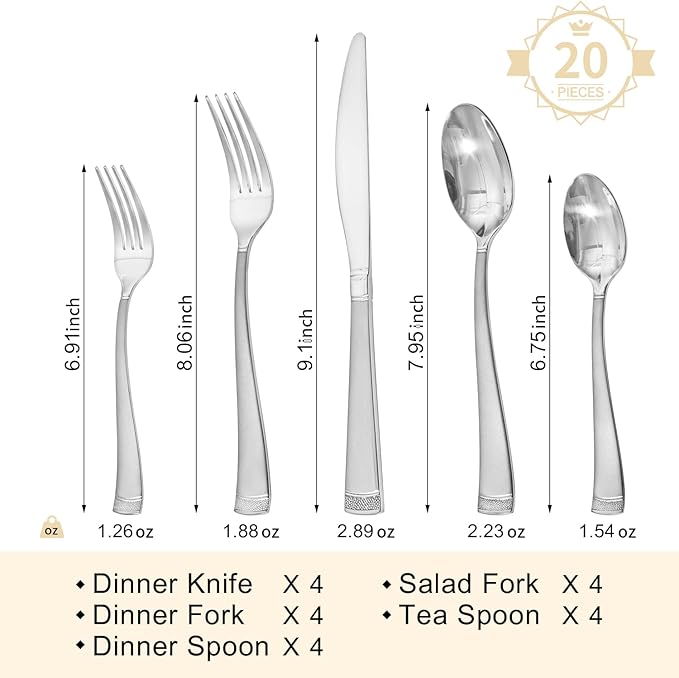 HIKAA 20PCS Matte Handle Silverware Set for 4, Stainless Steel Flatware Set, Modern Design Cutlery Set for Home/Hotel/Wedding, Dishwasher Safe