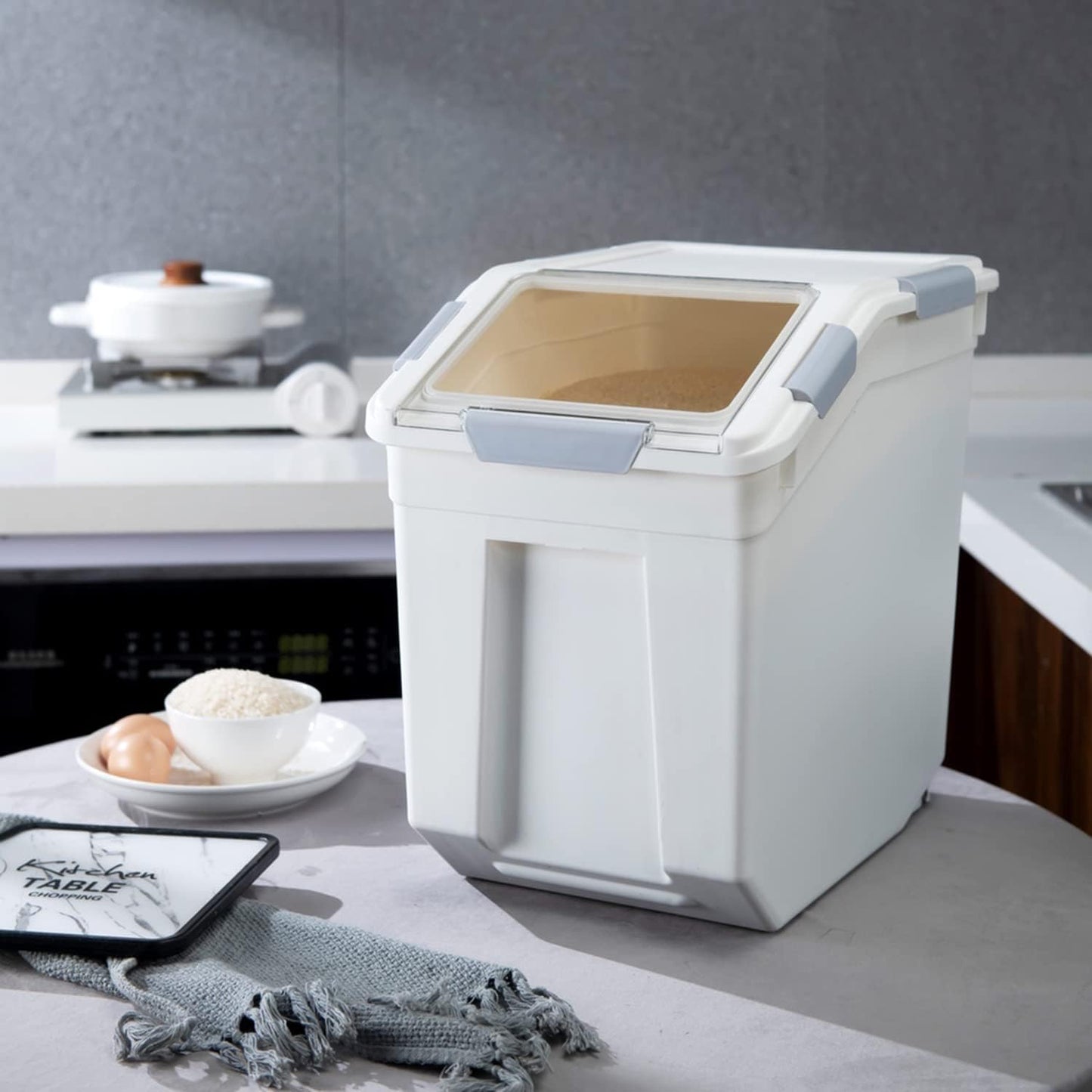 HANAMYA 25 Liter / 40 lbs Rice Storage Container with Measuring Cup, BPA free, For Rice | Grain | Pet Food | Flour, 2 count, White