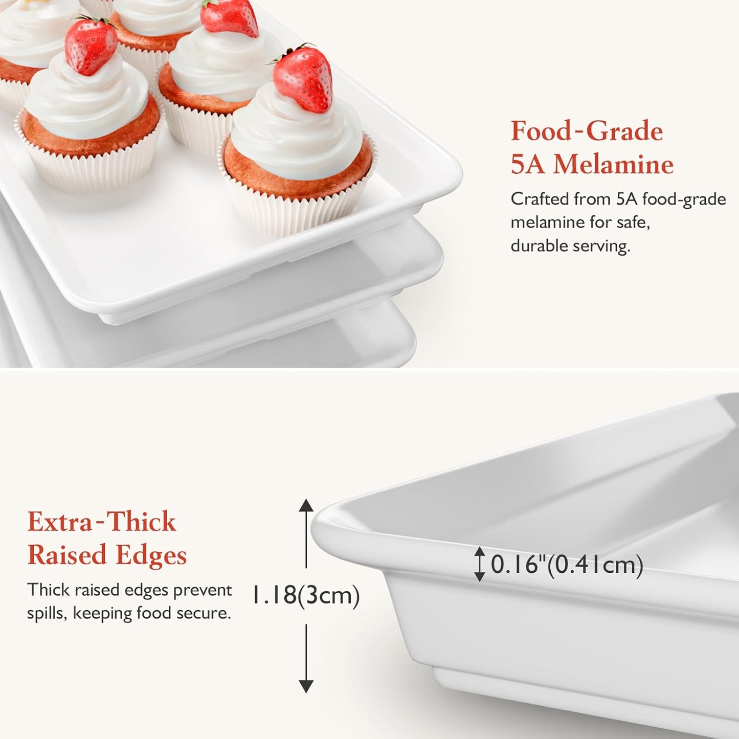 3-Tier Melamine Serving Tray Set, 14"x7" Platters for Serving Food, White Reusable Trays with Black Metal Display Stand for Cupcakes, Sevring Food, Dessert, Fruit, Cookie, Black