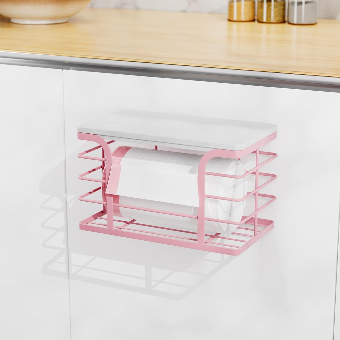 Small Grocery Bag Holder,Wall Mount Trash Bag Holder Dispenser with Bamboo Top,Suitable for Garbage Bags of 100 Rolls under 13 Gallons,Pink