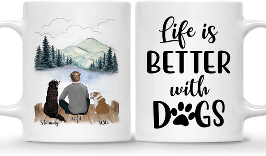Gossby Personalized Dog Mug - Life is Better with Dogs (Man - 2 Dogs) - 11oz, 15oz Dog Lover Coffee Mugs for Dog Dad - Personalized Dog Dad Gifts for Men, Dog Owners - Custom Dog Mug with Names