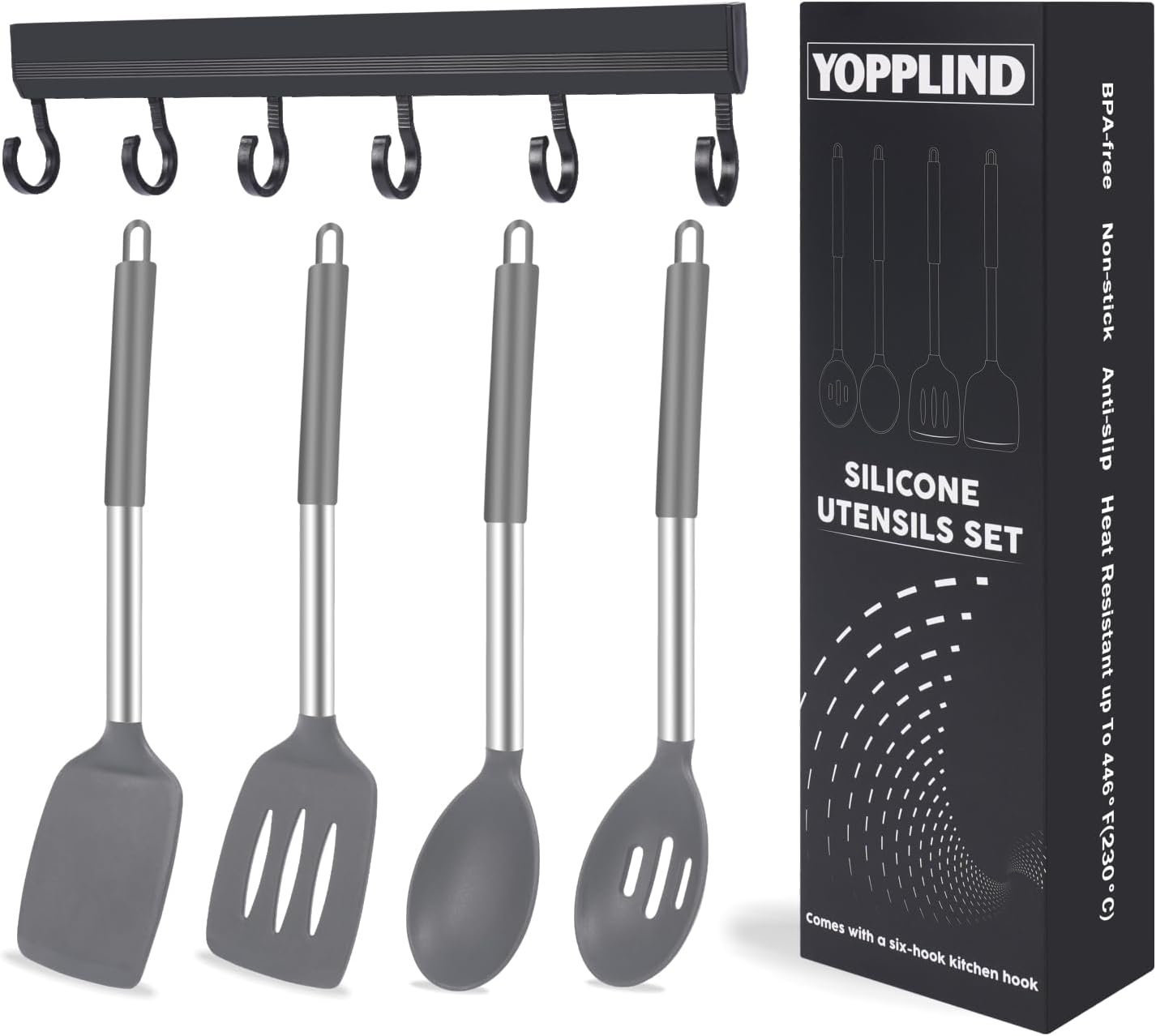 5-Piece Silicone Kitchen Tool Set, BPA-Free, Heat-Resistant, Non-Stick & Dishwasher-Safe, with Slotted/Solid Spoons & Spatulas for Frying, Mixing, Draining – Includes Multi-Purpose Serving Hook(Gray)