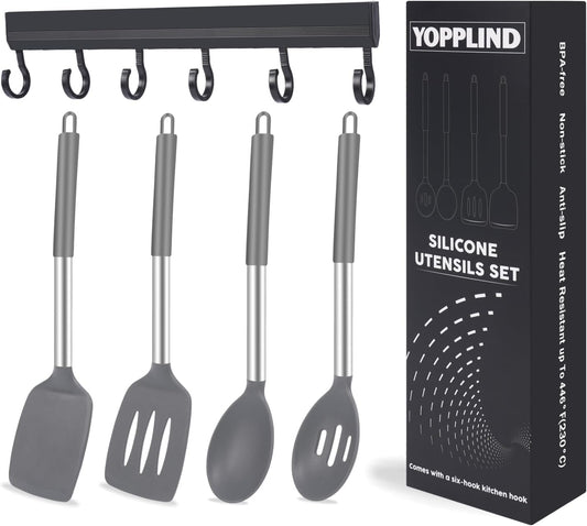 5-Piece Silicone Kitchen Tool Set, BPA-Free, Heat-Resistant, Non-Stick & Dishwasher-Safe, with Slotted/Solid Spoons & Spatulas for Frying, Mixing, Draining – Includes Multi-Purpose Serving Hook(Gray)