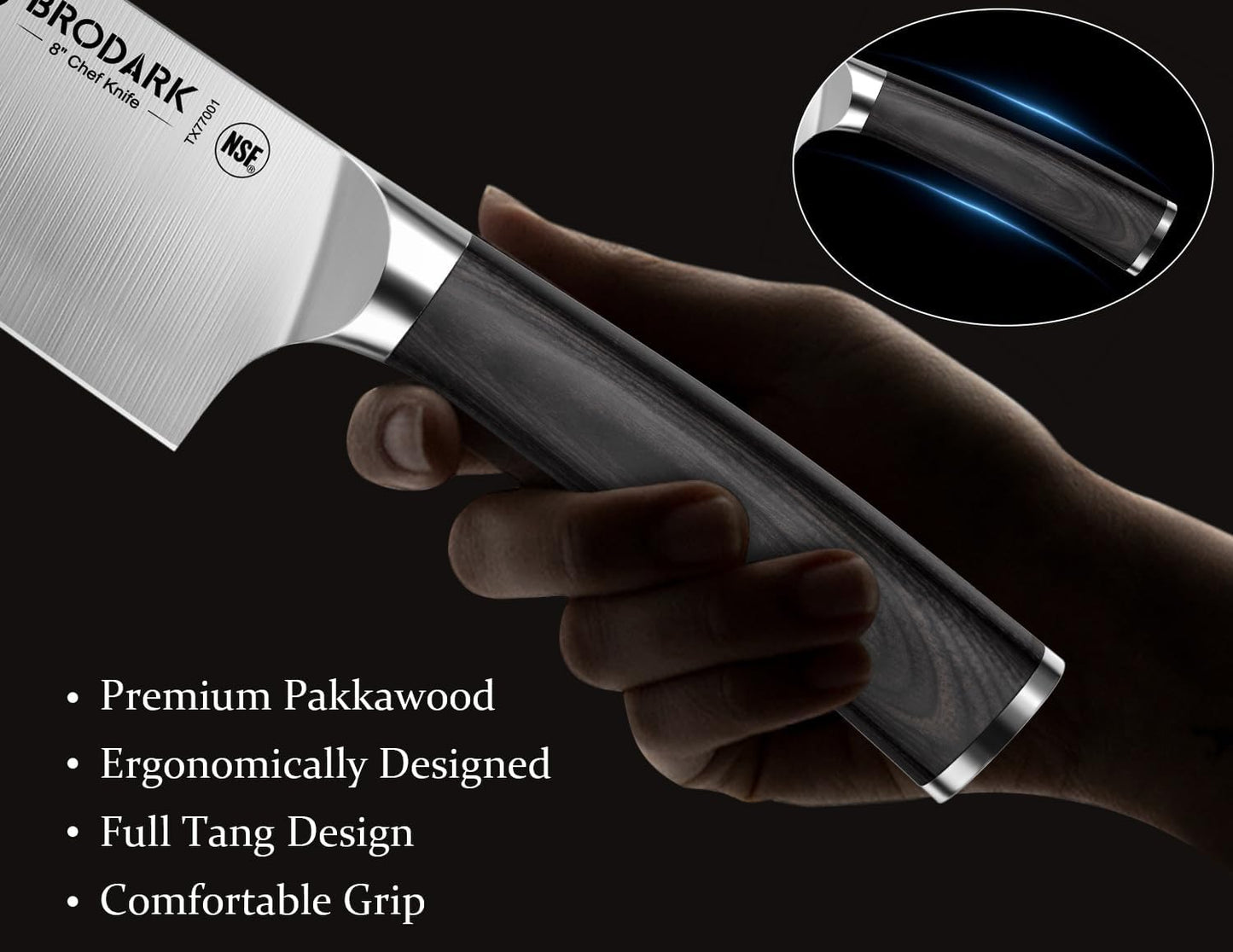 BRODARK Kitchen Knife Set, Ultra Sharp 15 Pcs Knife Set with Block, Full Tang Chef Knives, High Carbon Stainless Steel Knife Block Set with Sharpener, Wooden Handle