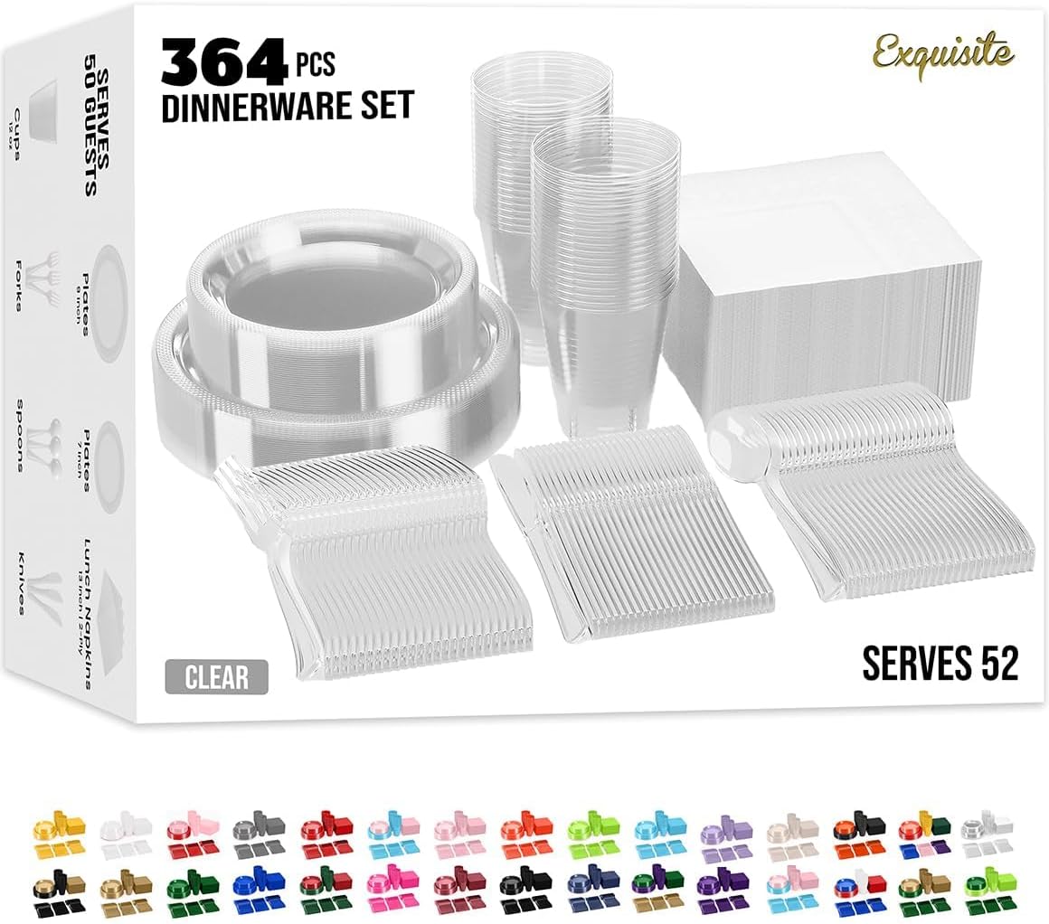 Party Solids 350 Pieces Clear Plastic Plates For Party, Clear Disposable Plates Set, 50 Of Each 9" Dinner Plate Set, 7" Dessert Plate, Cups, Napkins & Cutlery Plastic Dinnerware