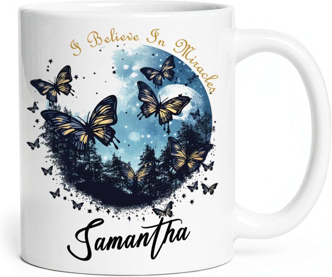 Customized Awesome I Believe In Miracles Tea Cups, Personalized Name On Colorful Butterfly Coffee Mug For Birthday, Custom Unique Ceramic Cup Gift For Animal Lovers 11oz 15oz