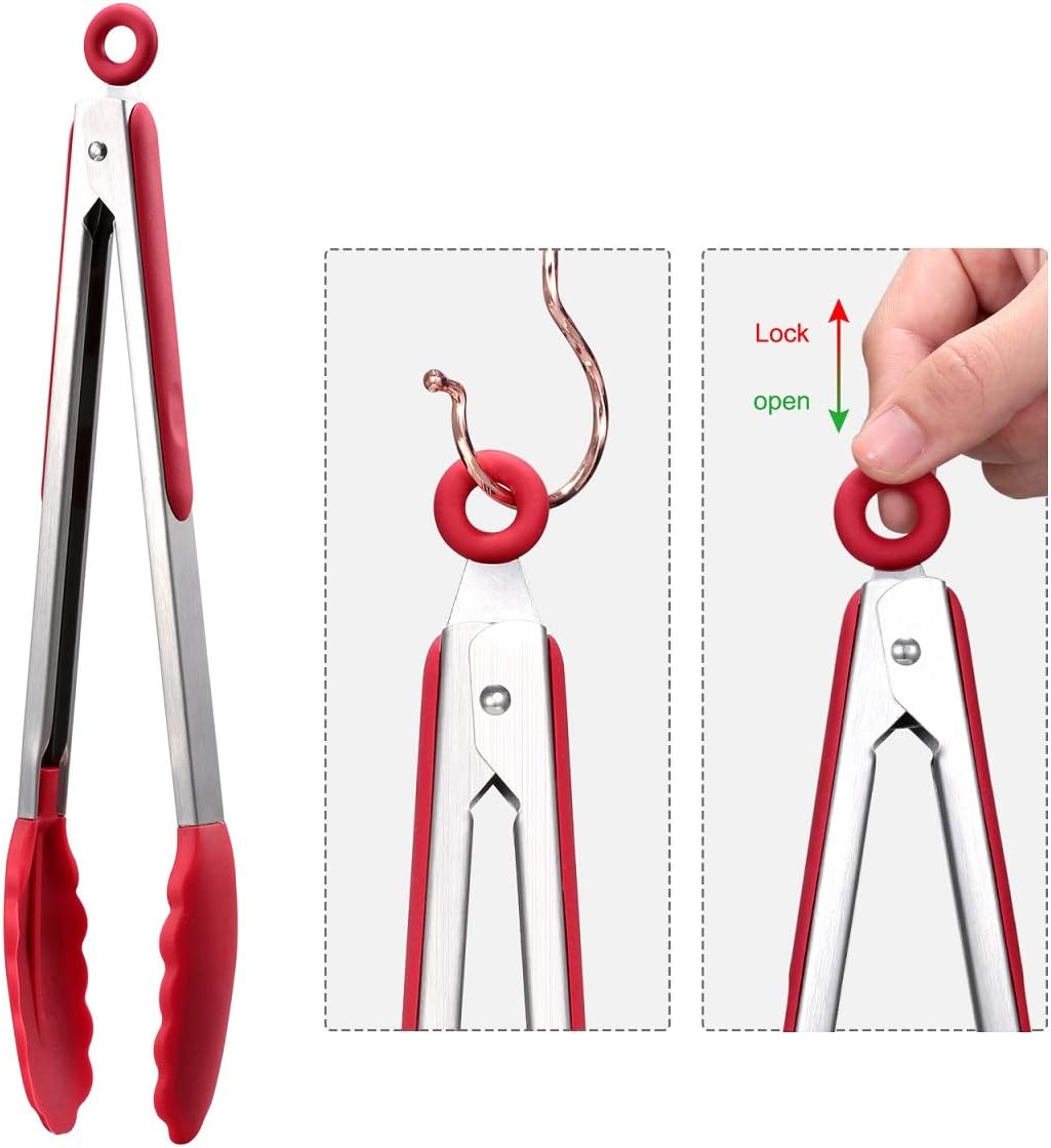 Hotec Premium Stainless Steel Locking Kitchen Tongs with Silicon Tips, Set of 3-7", 9" and 12" multicolor