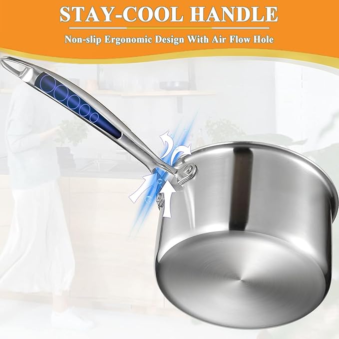 1 Quart Triple Stainless Steel Saucepan with Lid, Ramen Pot with Clear Glass Cover, Small Sauce Pan for Cooking Oatmeal, Induction-Ready, Dishwasher-Safe, Suitable for All Stoves