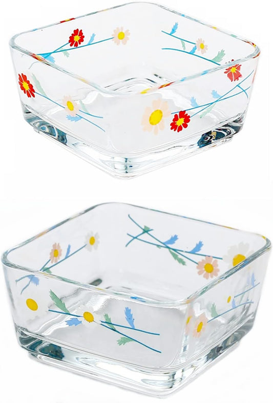 9 OZ Small Flower Candy Dish Floral Candy Bowl Cute Square Daisy Glass Bowl for Dessert,Snack,Fruit,Icecream,Yogurt,Dipping,Prep,Clear Serving Bowl,set of 2