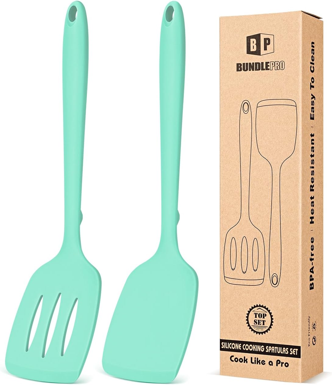 Pack of 2 Silicone Spatula Turners, Non Stick Slotted Kitchen Spatula Set, Heat Resistant BPA Free Kitchen Utensils, One-Piece Design, Suitable for Flipping Fish, Eggs, Steak, Pancakes (GREEN)