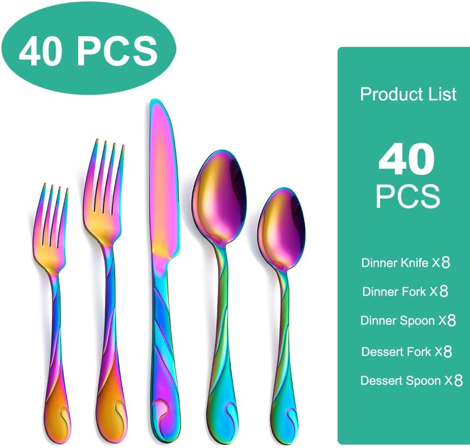 Rainbow Silverware Set for 8, 40-Piece Stainless Steel Flatware Set, Shiny Rainbow Metal Cutlery Set, Include Fork, Knife and Spoon Set, Dishwasher Safe