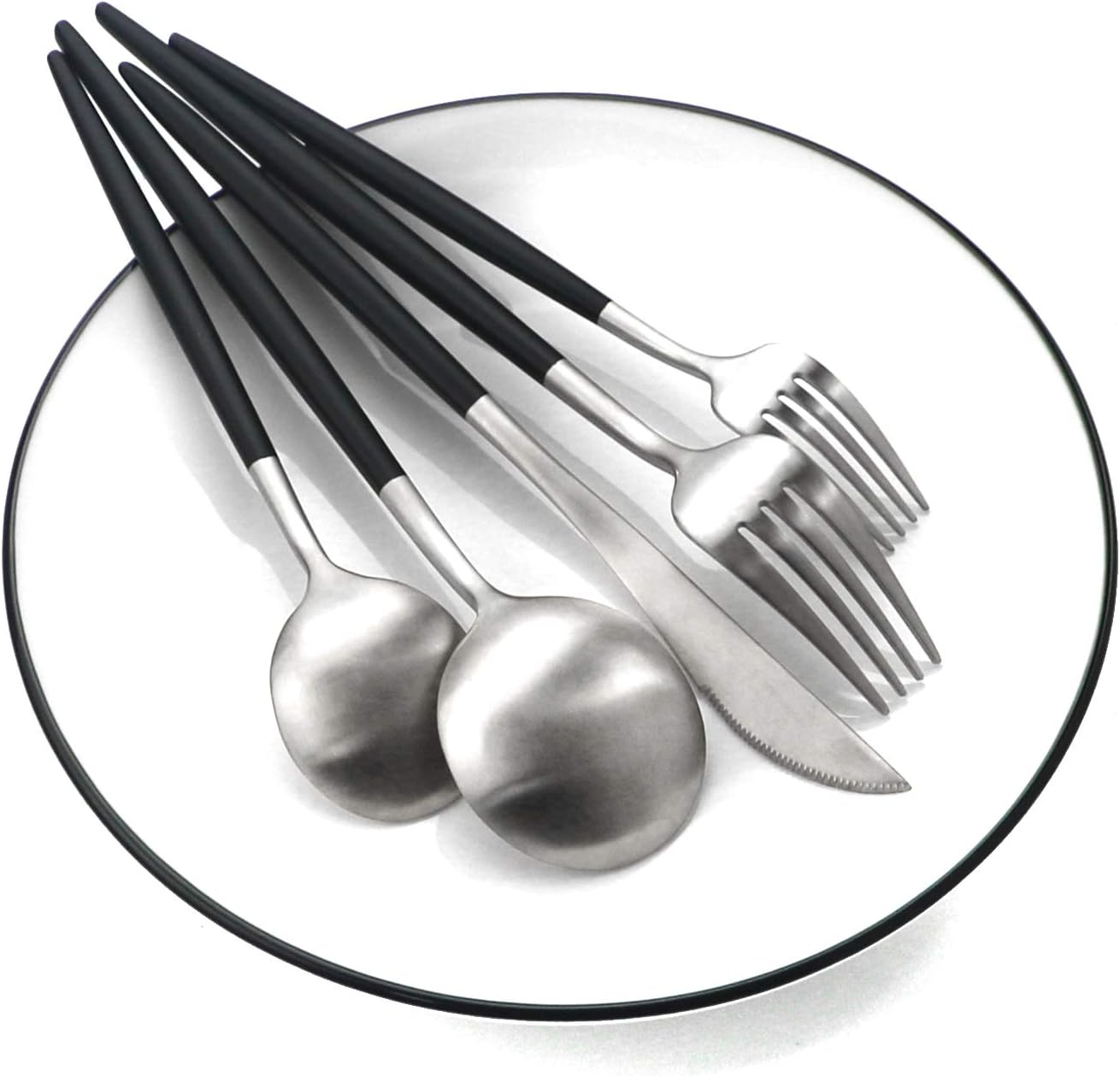 Gugrida Black Silver Flatware, Royal 20 Piece Matte Black Handle 18/10 Stainless Steel Tableware Sets for 4 Including Forks Spoons Knives, Camping Silverware Travel Utensils Set Cutlery (Black Silver)
