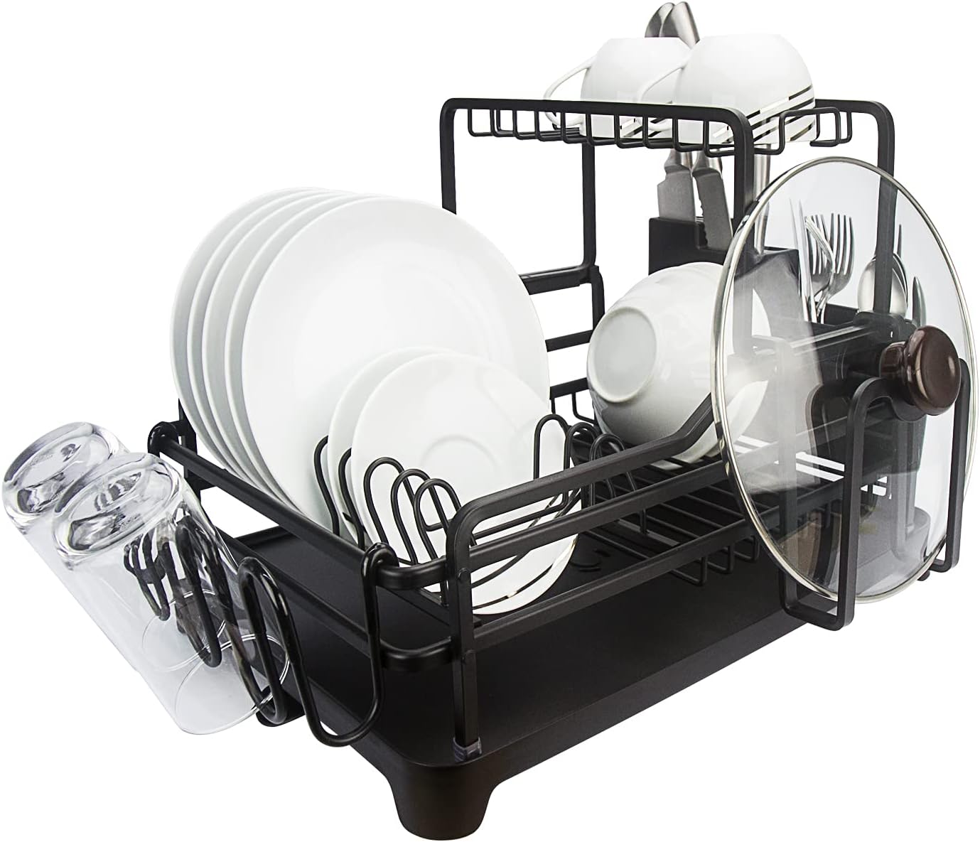 Evelyne GMT-10353-A Black Aluminum Dish Drying Rack with Utensil Holder - 2 Tier Kitchen Countertop Rust Proof Dish Rack and Drainboard Set - Large Dish Organizer Rack