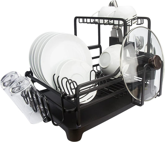 Evelyne GMT-10353-A Black Aluminum Dish Drying Rack with Utensil Holder - 2 Tier Kitchen Countertop Rust Proof Dish Rack and Drainboard Set - Large Dish Organizer Rack