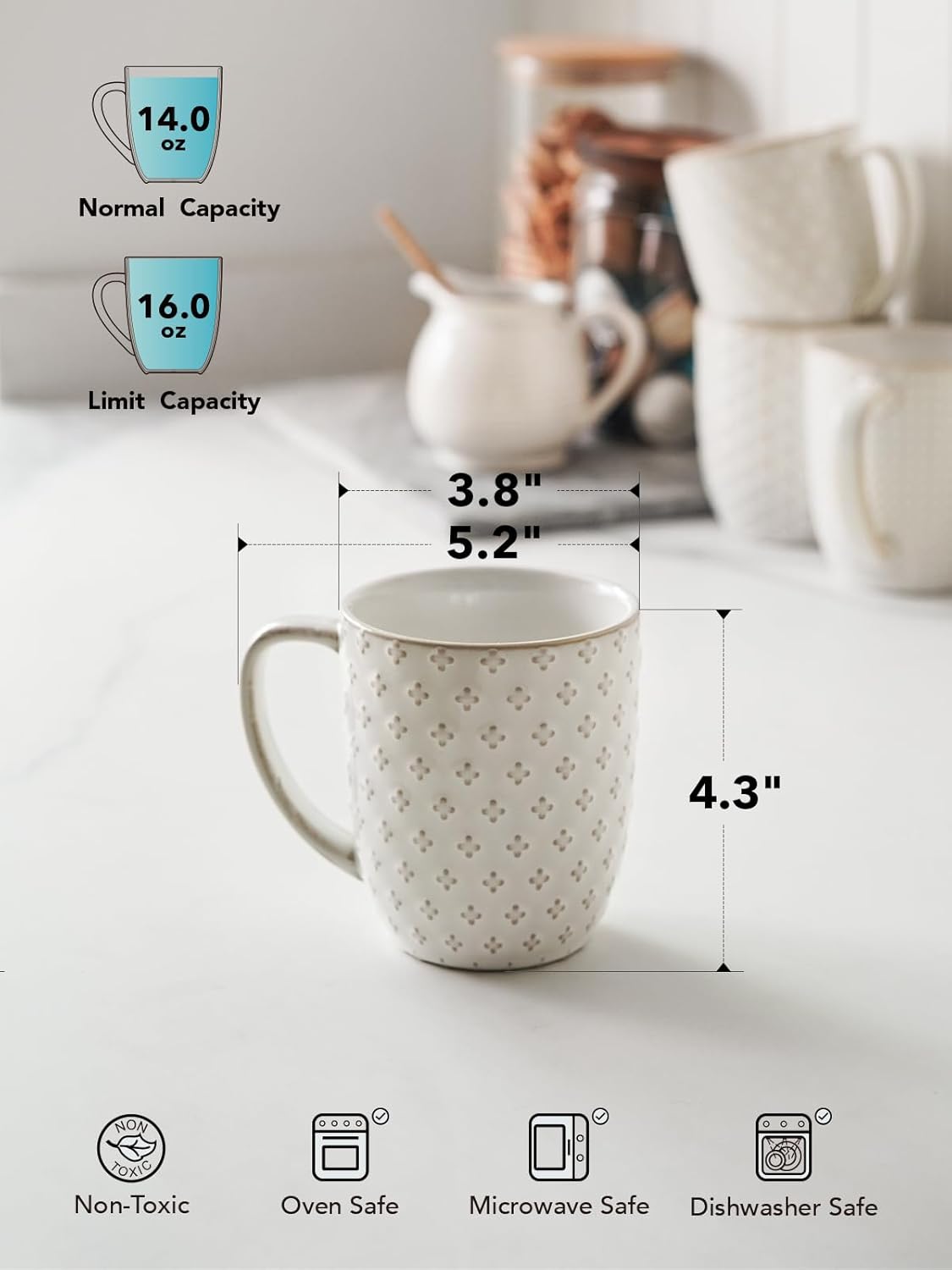 LE TAUCI Coffee Mugs 16 oz,Ceramic Mug Set, Embossment Cups for Latte, Hot Tea, Cappuccino, Mocha, Cocoa, Dishwasher Safe, Suit For Housewarming Wedding- 3.8 inch, Set of 4, Arctic White