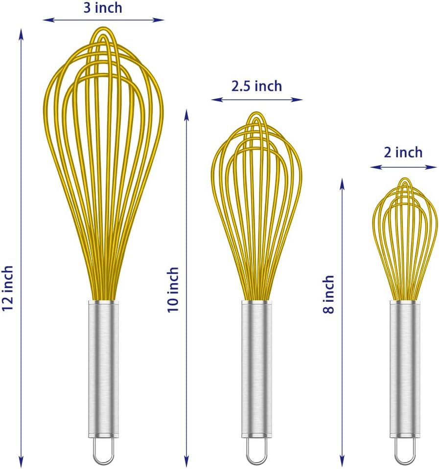 Yellow Silicone Whisk, Professional Whisks For Cooking Non-Scratch, Stainless Steel & Silicone Wisk, Plastic Rubber Whisk Tool For Nonstick Cookware Pans, Silicon Wisks Set of 3.