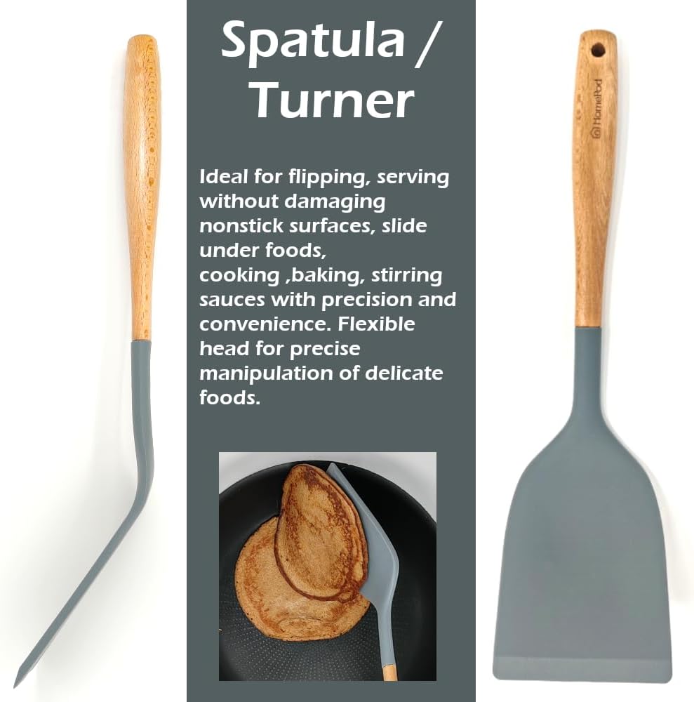 Pack of 3 Silicone Spatula Set 15 inches Large Heat Resistant 600F Flipper Cooking Fish Baking Egg Pancake Won't Scratch Kitchen Cookware, Turner Rubber Spatulas Ladle Spoon Skimmer Espatula (Gray)