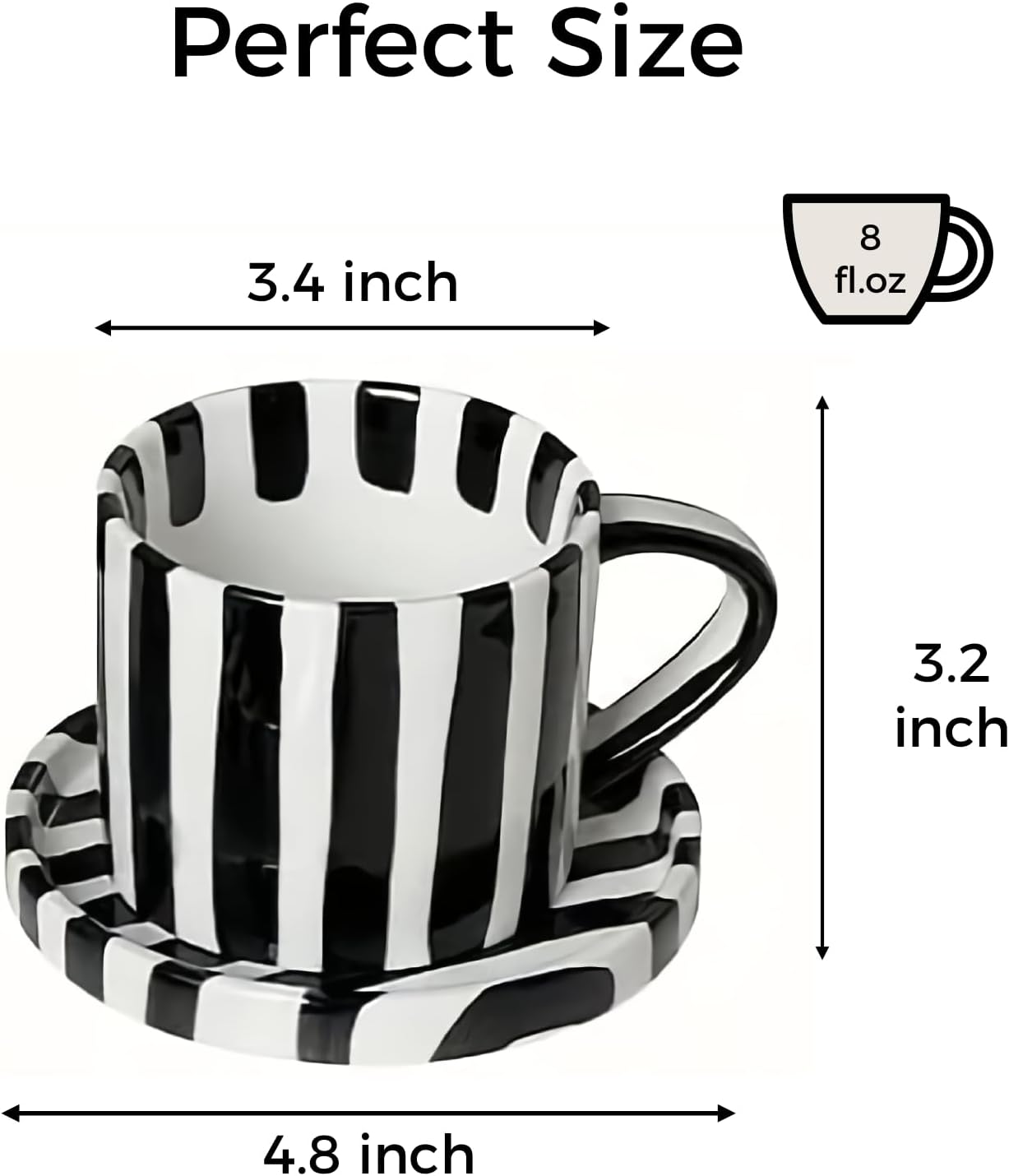 Tea Cup and Saucer, Ceramic 8 oz coffee mug, Dishwasher Safe and Microwave Safe, Black and White