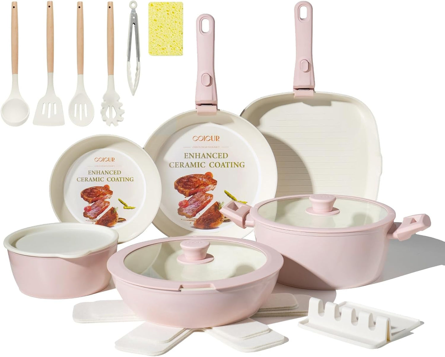 23Pcs Ceramic Cookware Set Non Stick Pots and Pans Set Non Toxic with Detachable Handle Induction Kitchen Cookware Set Space Saving, Oven & Dishwasher Safe, Light Pink