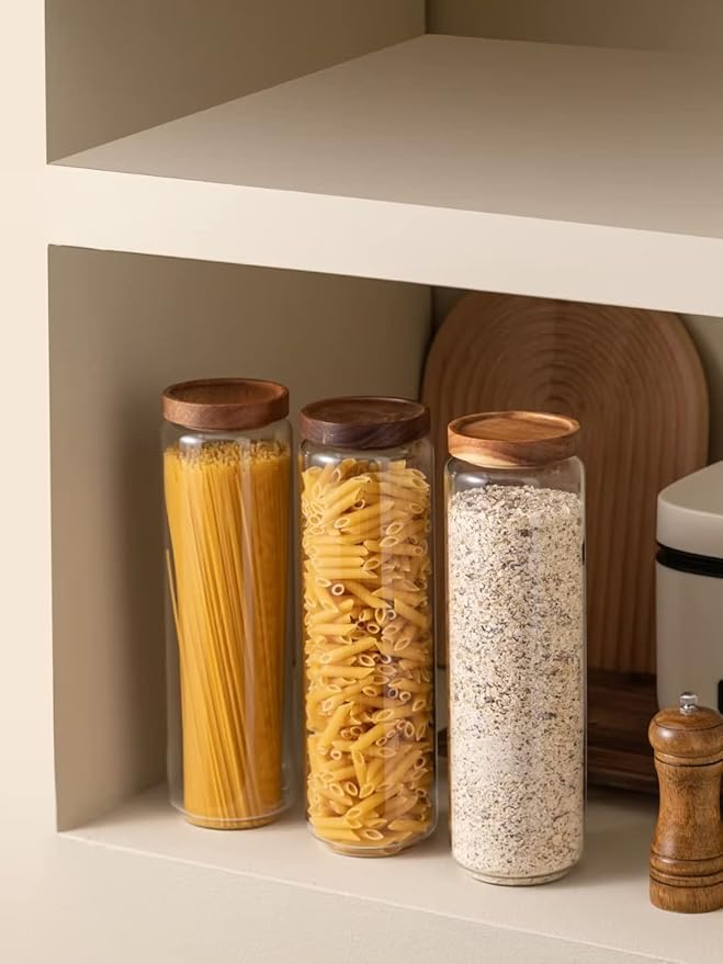 Kanwone Airtight Food Storage Containers Set of 3, 54 Ounce Glass Storage Containers with Bamboo lids, Clear Glass Canisters for Pantry, kitchen, Flour, Sugar, Tea, Coffee, Cookies, Spice and Herbs