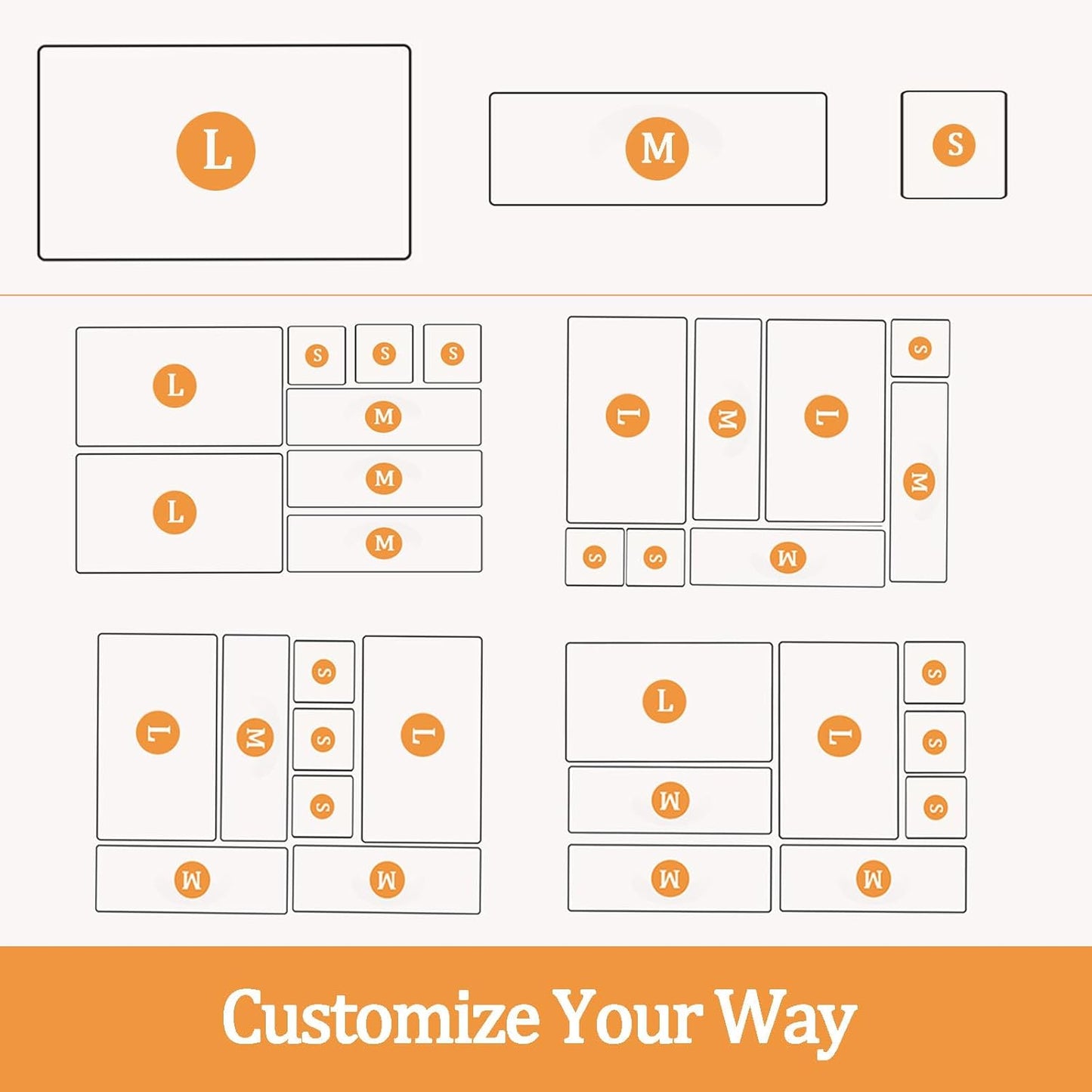 8 Pcs Desk Drawer Organizers, 3 Size Plastic Vanity and Bathroom Drawer Organizer Trays, Storage Bins for Makeup, Utensils, Jewelries, Office and Kitchen (White)