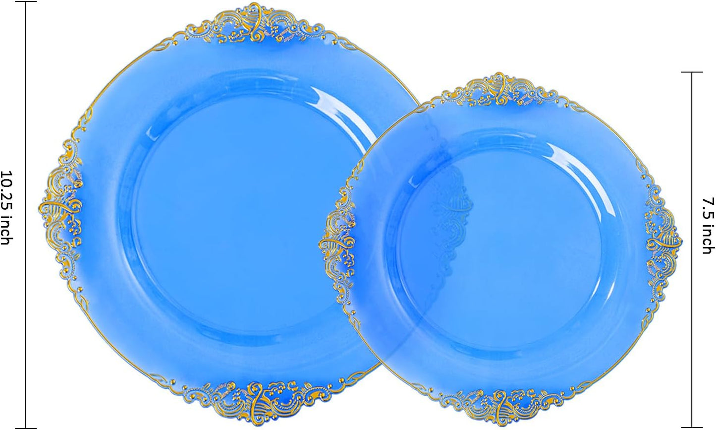 102PCS Blue Plastic Plates - Royal Gold Disposable Plates - Clear Blue Party Plate - Heavyweight Disposable Plate with Gold Rim - Fancy Dinner & Dessert Plates for 51 Guests Party Wedding