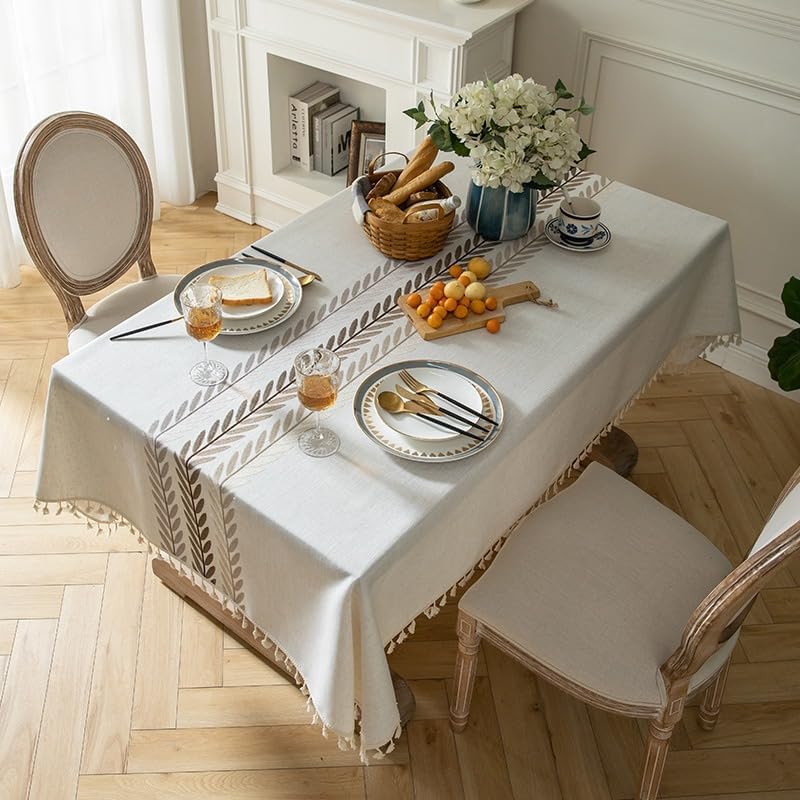 Oubonun Cotton Linen Square Tablecloth - Wrinkle Resistant & Waterproof - Machine Washable Table Cloth with Tassels for Kitchen & Dining, 55''x55'', 4 Seats