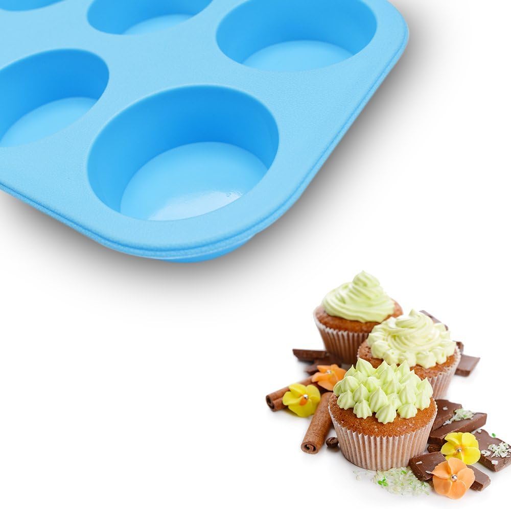 homEdge 6-Cup Silicone Muffin Pan, Pack of 2 Non-Stick Muffin Cupcake Molds-Blue and Red