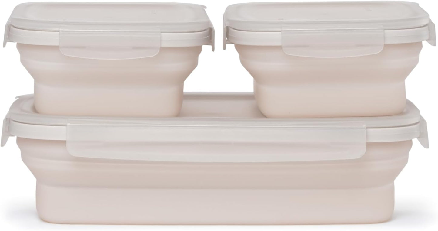 Drip EZ Secondz Collapsible Food Storage Containers (set of 3) - Meal Prep, Leftovers, Lunch, Camping, Hiking - Dishwasher & Microwave Safe - BPA-free Silicone - Locking Lids - Sandstone