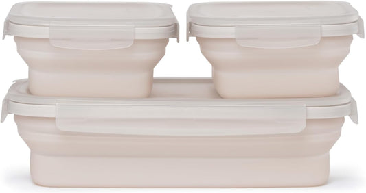 Drip EZ Secondz Collapsible Food Storage Containers (set of 3) - Meal Prep, Leftovers, Lunch, Camping, Hiking - Dishwasher & Microwave Safe - BPA-free Silicone - Locking Lids - Sandstone